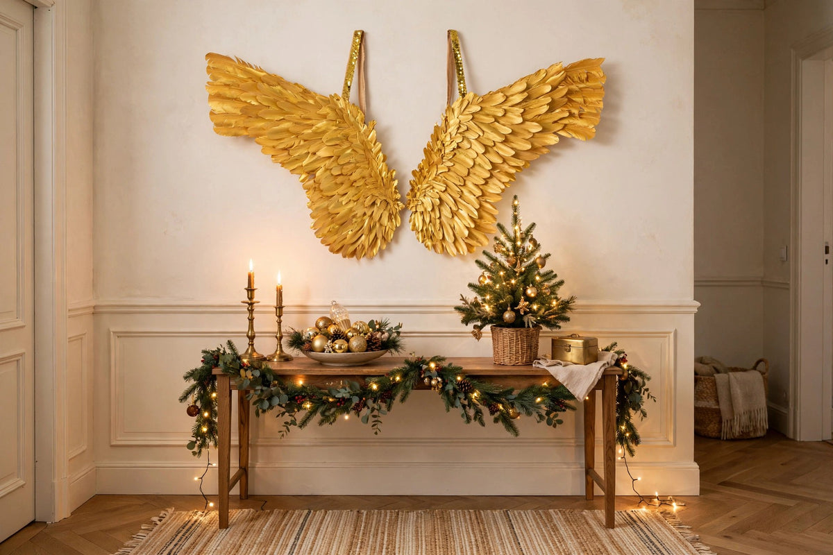 Giant Metallic Gold Wings hung on a wall in a holiday-decorated room