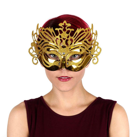 Glittered Carnival Mask Form Gold - Feathers