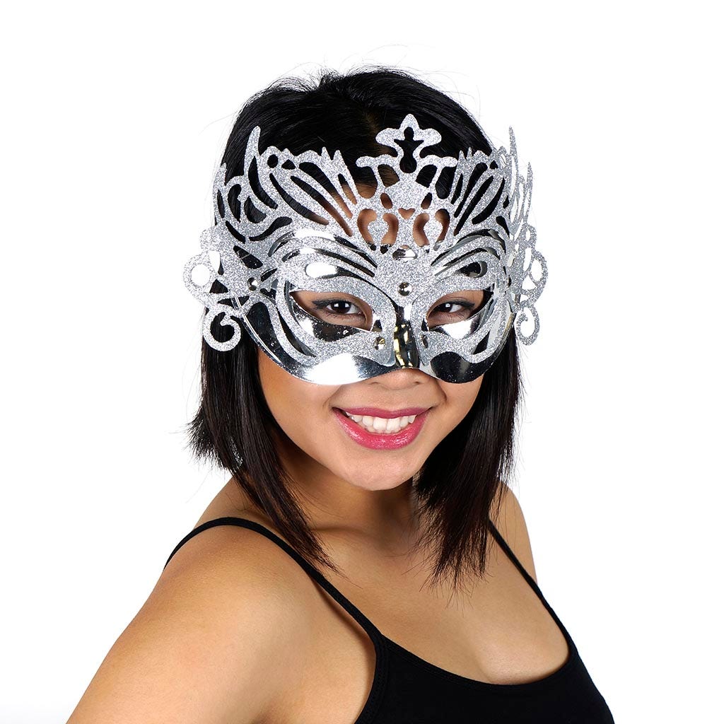 Glittered Carnival Mask Form Silver - Feathers