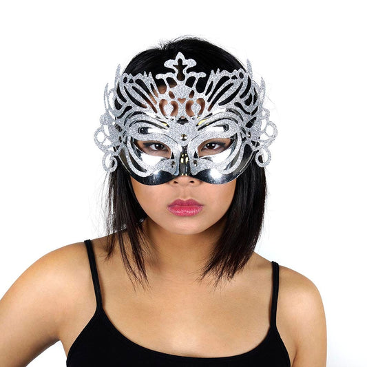 Glittered Carnival Mask Form Silver - Feathers