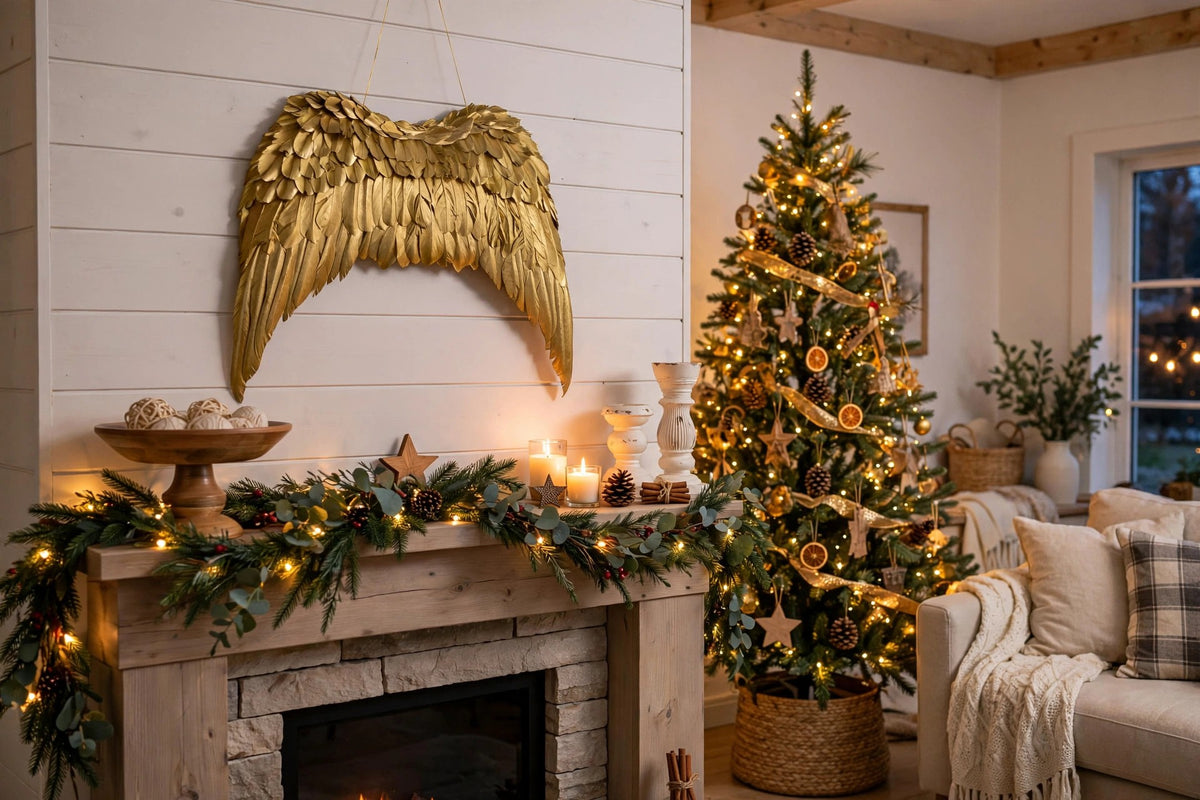 Gold Angel Wing hung on a wall in a holiday-decorated room