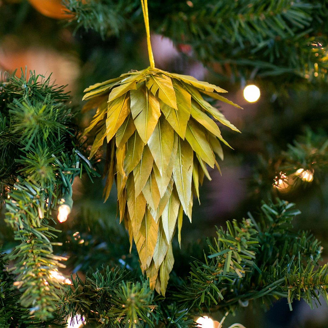 Gold Pine cone Feather ornament