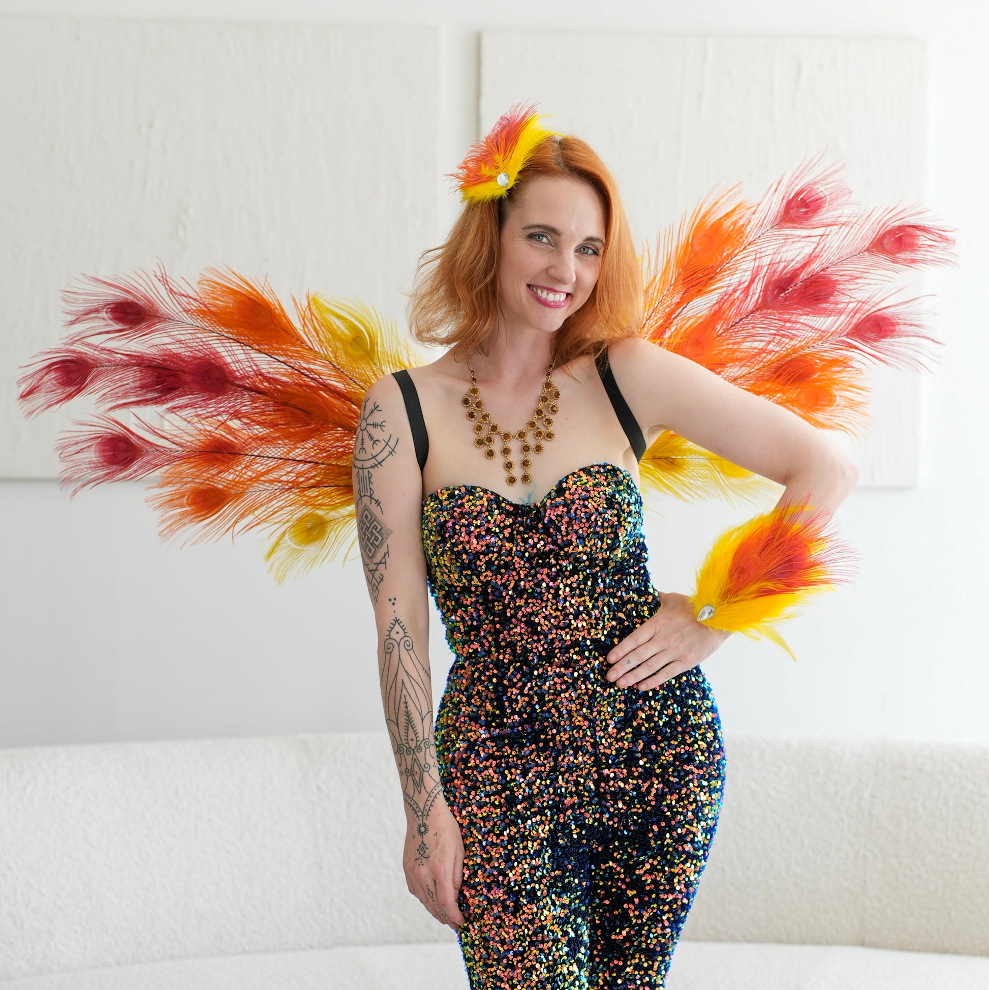 Orange Yellow and Red Peacock Fairy Wings | Peacock Feather Costume Small Orange Yellow and Red Peacock Fairy Wings | Peacock Feather Costume Small
