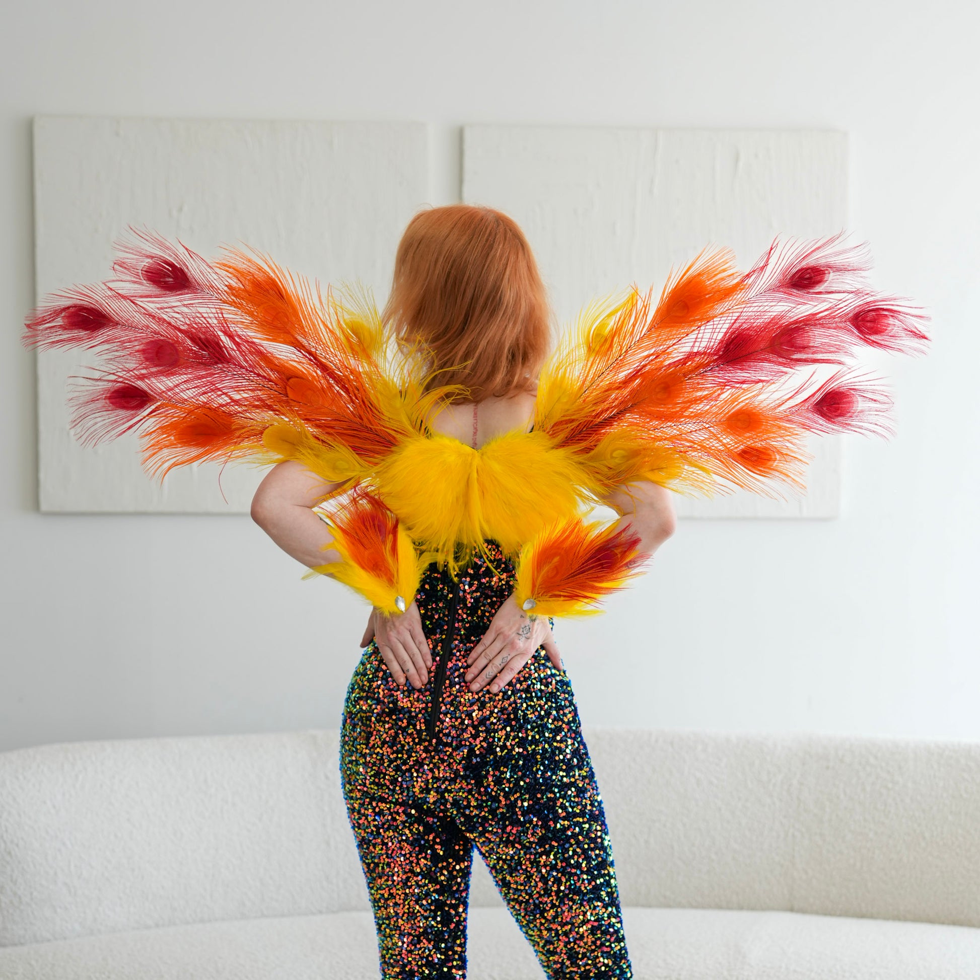 Orange Yellow and Red Peacock Fairy Wings | Peacock Feather Costume Small Orange Yellow and Red Peacock Fairy Wings | Peacock Feather Costume Small