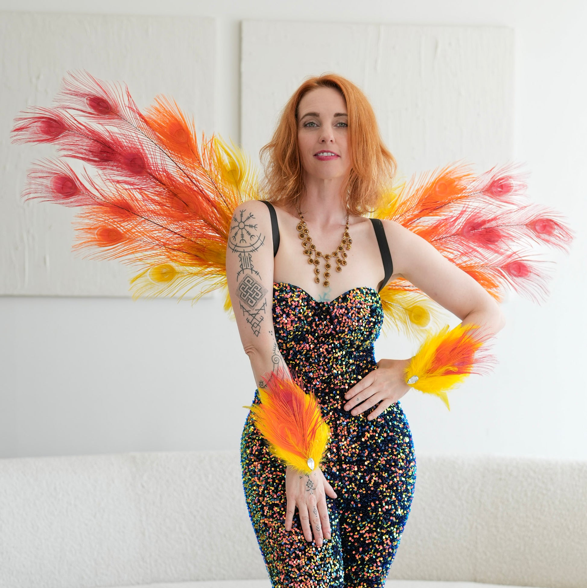 Orange Yellow and Red Peacock Fairy Wings | Peacock Feather Costume Small Orange Yellow and Red Peacock Fairy Wings | Peacock Feather Costume Small