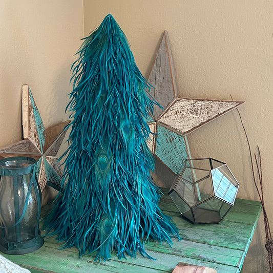 Goose Biot Tree 24’’ w/Bleach Peacock Eye Dk Aqua - On Wood Frame - Feathers