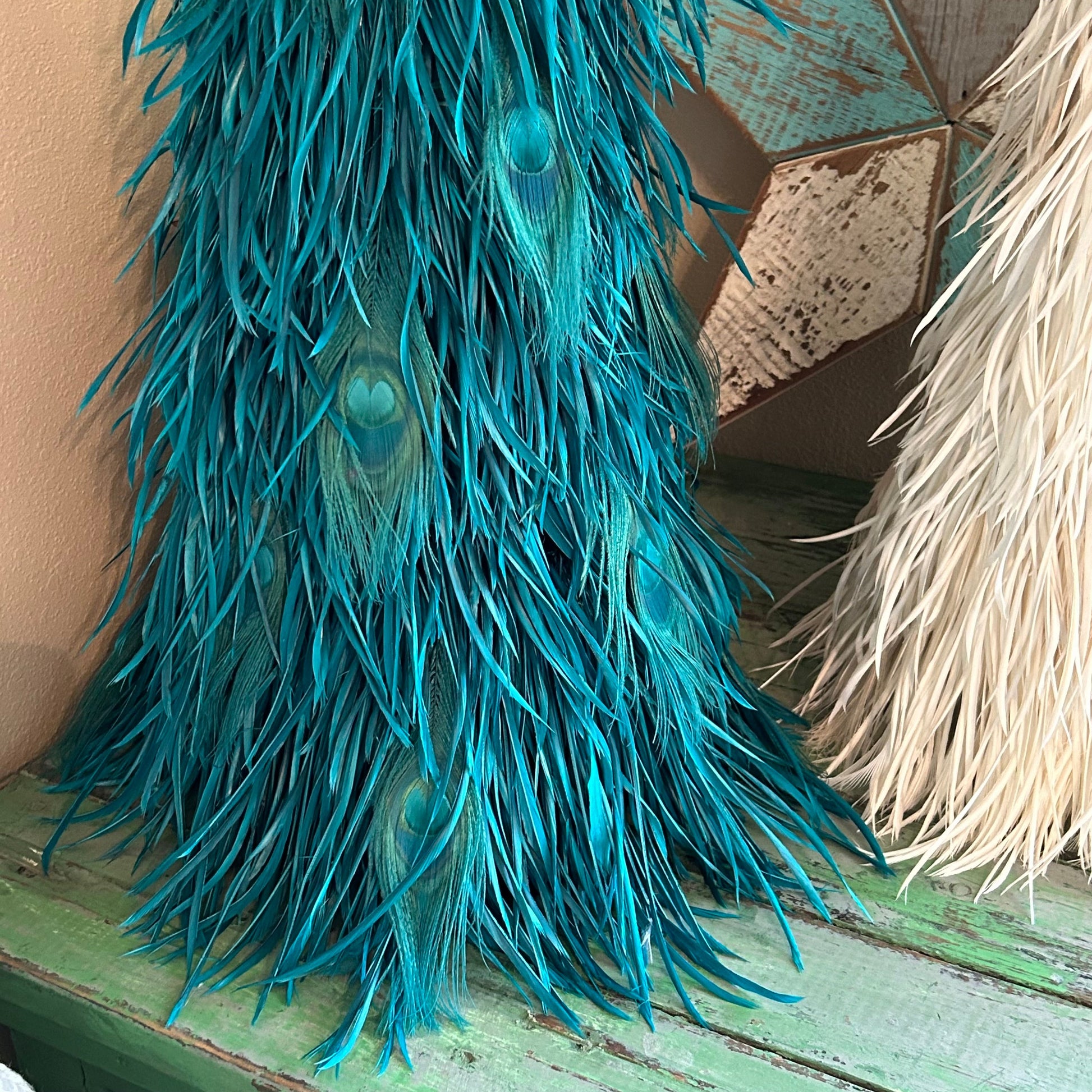 Goose Biot Tree 24’’ w/Bleach Peacock Eye Dk Aqua - On Wood Frame - Feathers