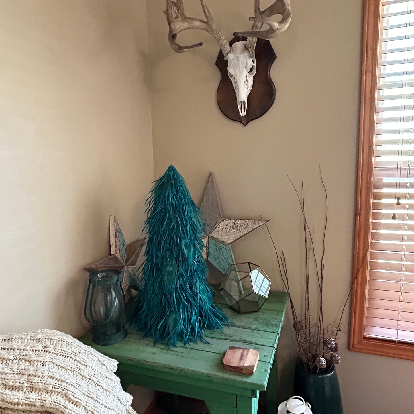 Goose Biot Tree 24’’ w/Bleach Peacock Eye Dk Aqua - On Wood Frame - Feathers