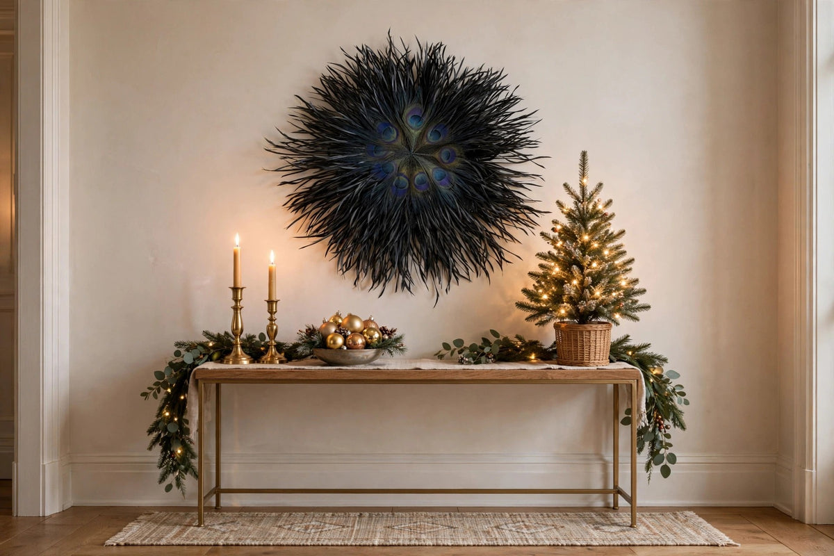 Goose Biots Wall Decor with Peacock Accents - 11.5" dia Wooden Base, 24" Dia with Feathers hung on a wall in a holiday-decorated room