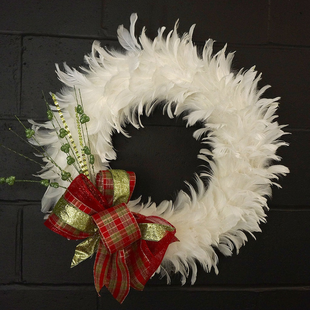 Goose Coquille Feather Wreath - 20 to 22 inch - White - Opal Lurex - Feathers