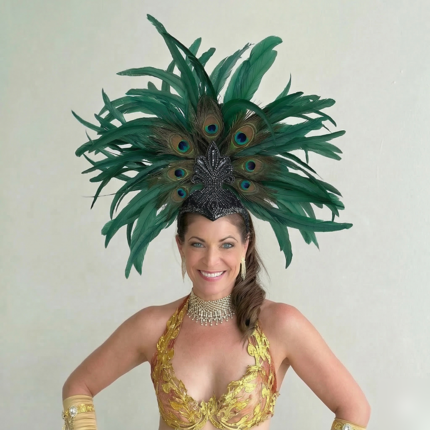 Zizi Kelly Coque and Natural Peacock Feather Showgirl Headpiece