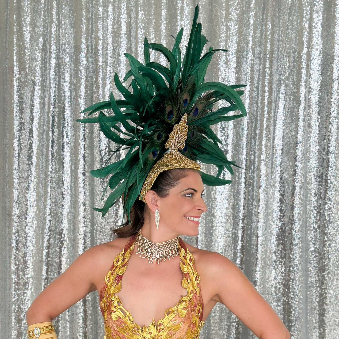 Zizi Kelly Coque and Natural Peacock Feather Showgirl Headpiece