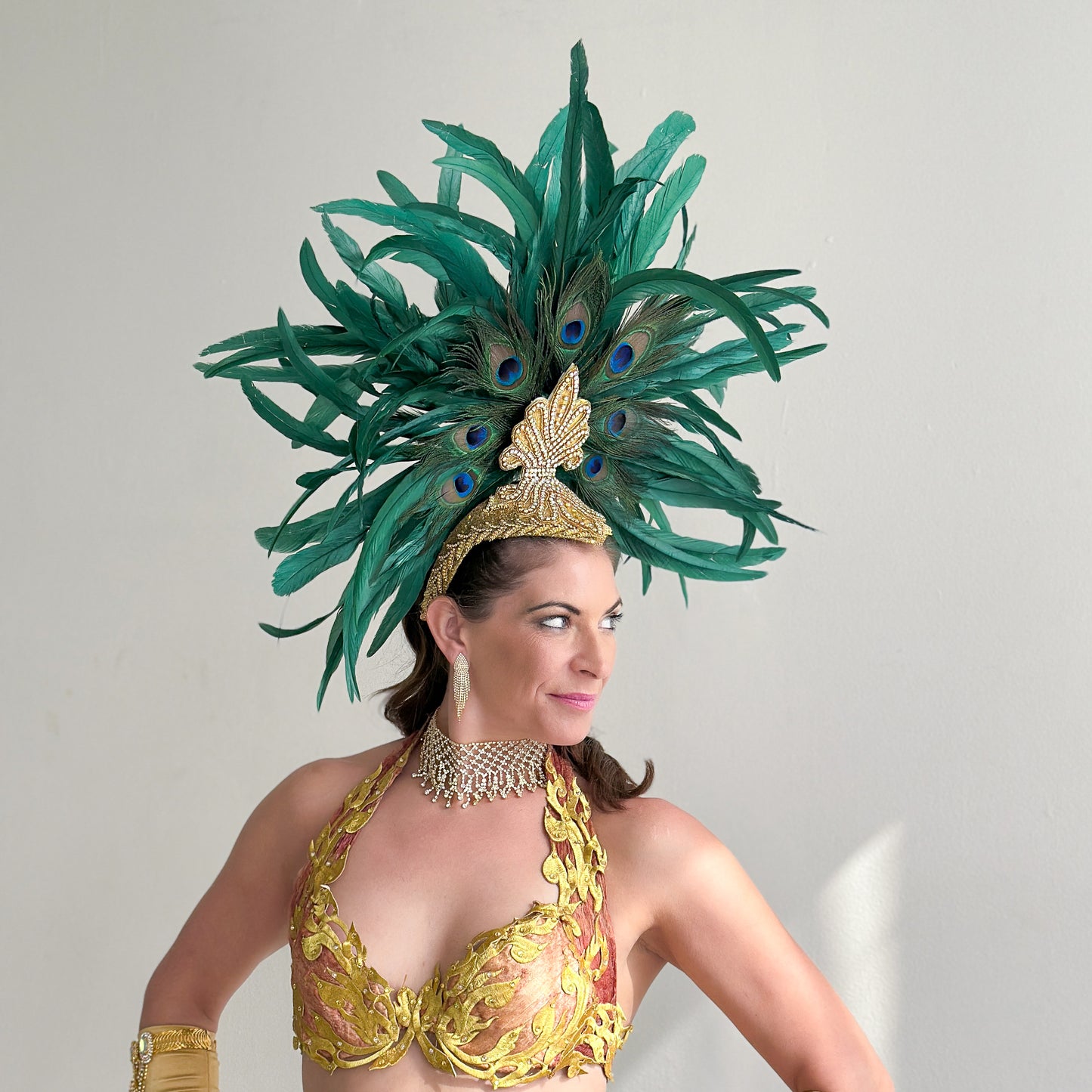 Zizi Kelly Coque and Natural Peacock Feather Showgirl Headpiece