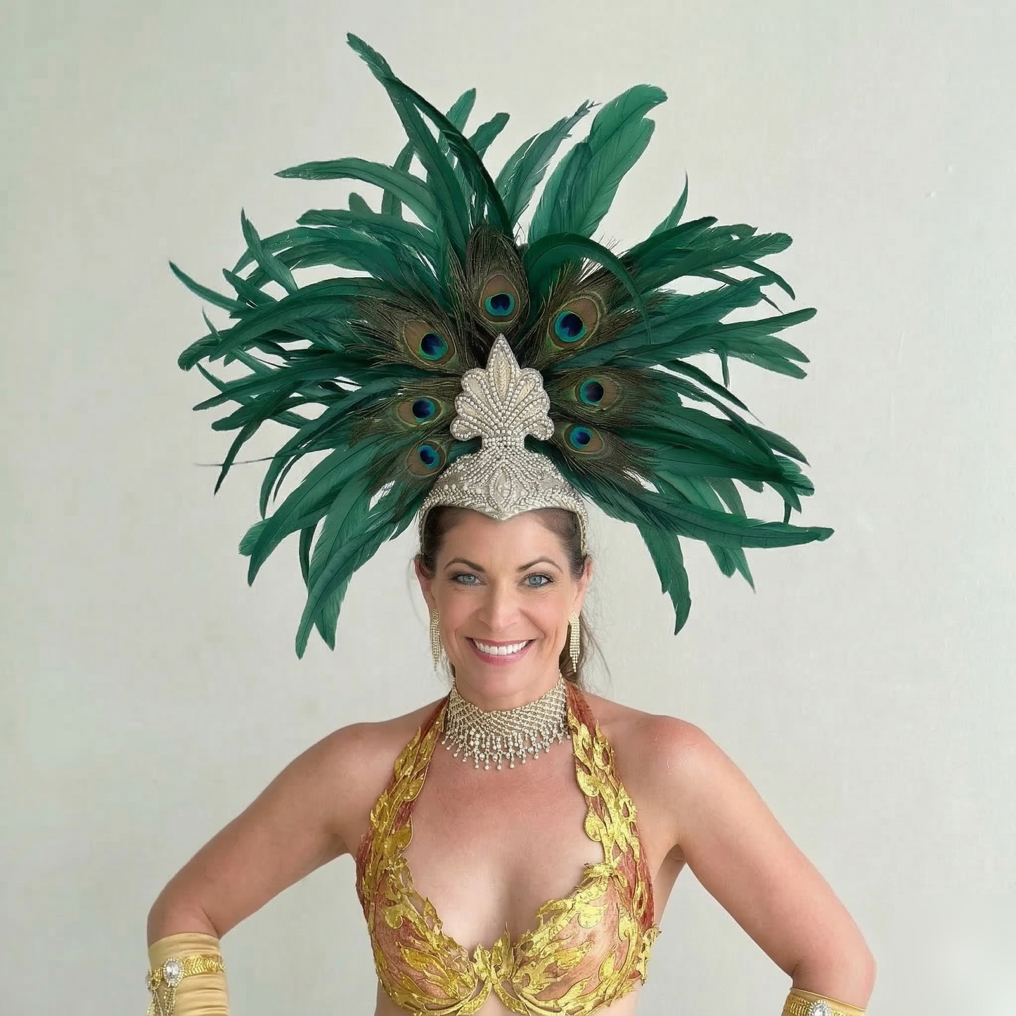 Zizi Kelly Coque and Natural Peacock Feather Showgirl Headpiece