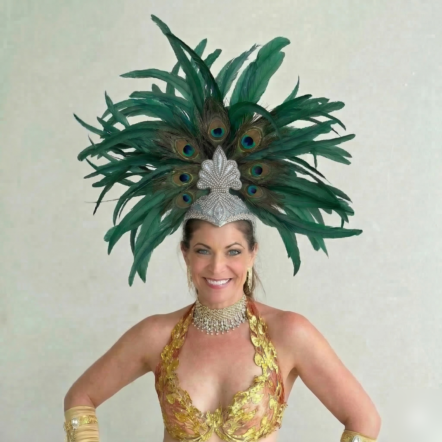 Zizi Kelly Coque and Natural Peacock Feather Showgirl Headpiece