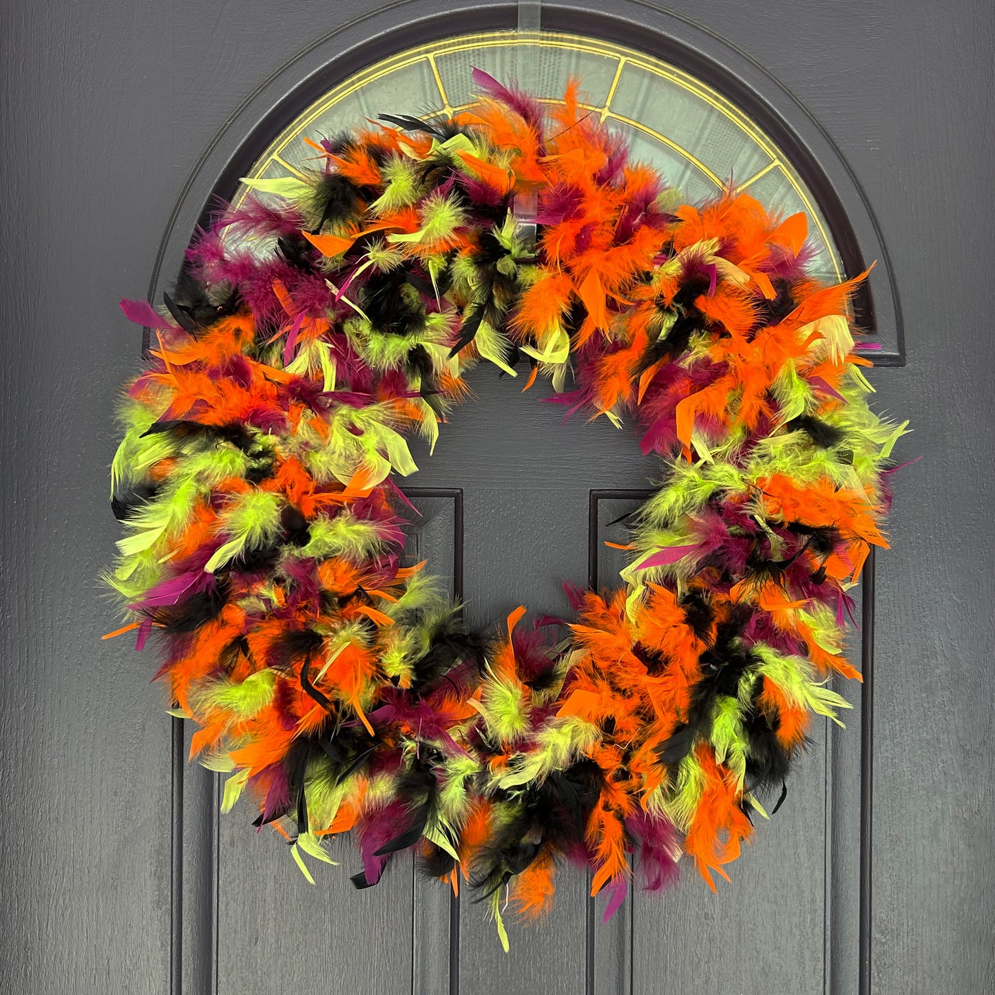 Halloween Wreath in Black, Lime, Orange & Purple Feathers