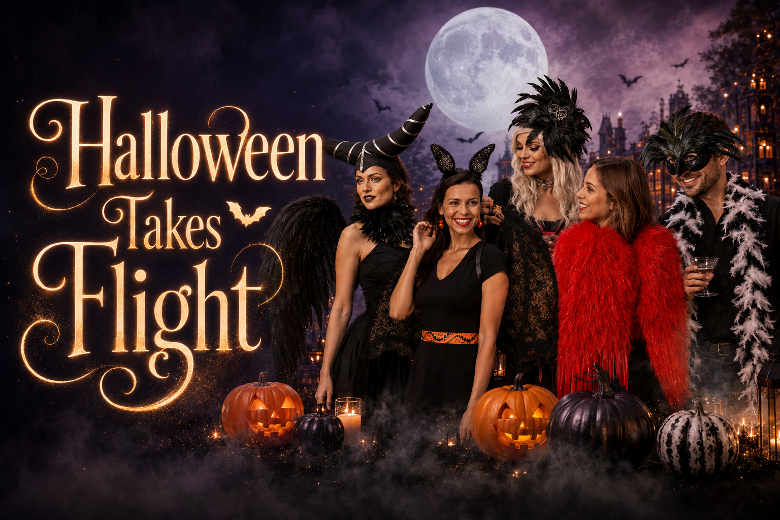 Five women dressed in Halloween costumes pose together under a full moon with jack-o'-lanterns and spooky city scenery in the background. Large decorative text on the left reads 'Halloween Takes Flight.
