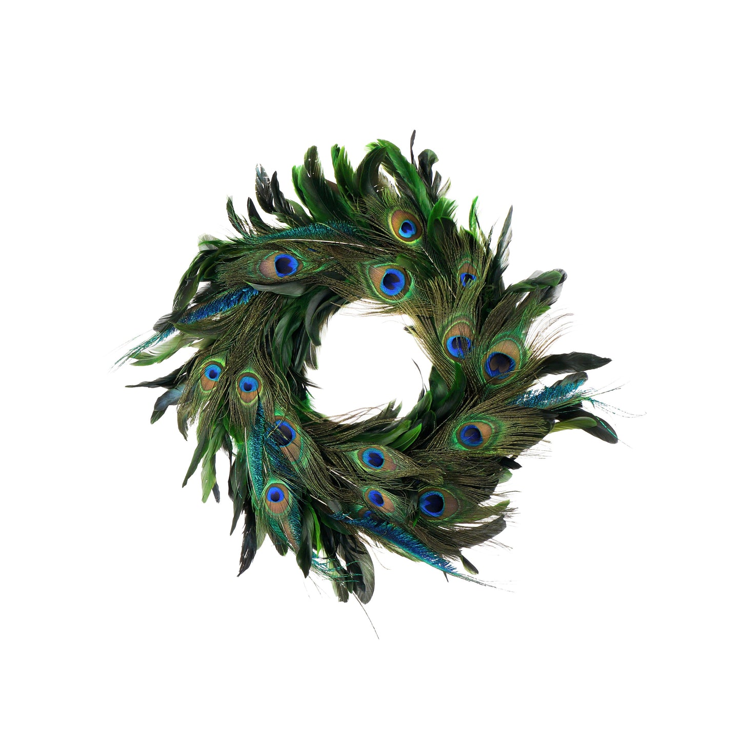 Handmade Schlappen-Peacock Feather Holiday Wreath - Kelly/Natural - Feathers