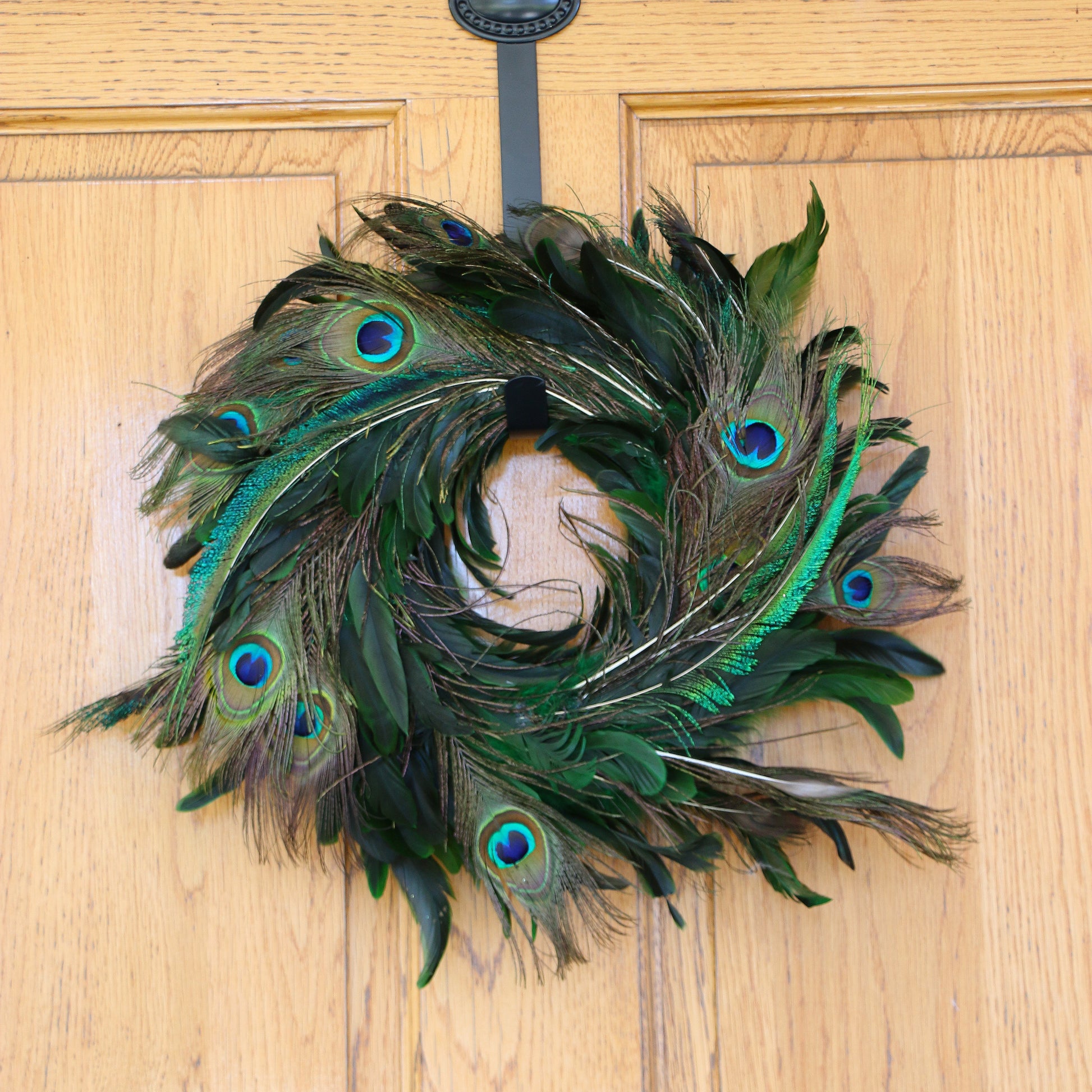 Handmade Schlappen-Peacock Feather Holiday Wreath - Kelly/Natural - Feathers