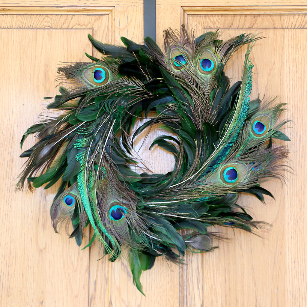 Handmade Schlappen-Peacock Feather Holiday Wreath - Kelly/Natural - Feathers