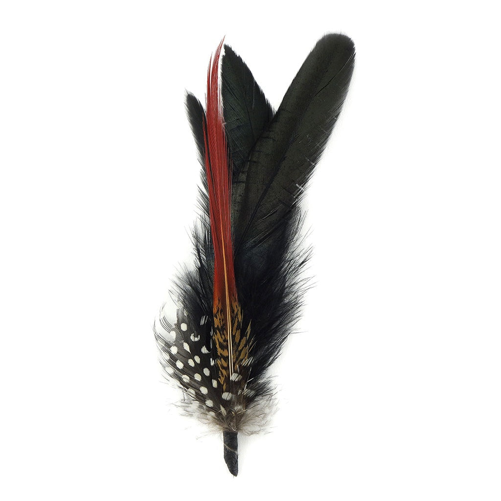 Hat Feather Trim With Black Rooster Coque and Guinea - Black Natural - Feathers