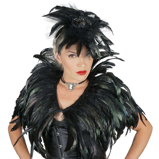 High Collar Feather Cape-Black/Irid - Feathers