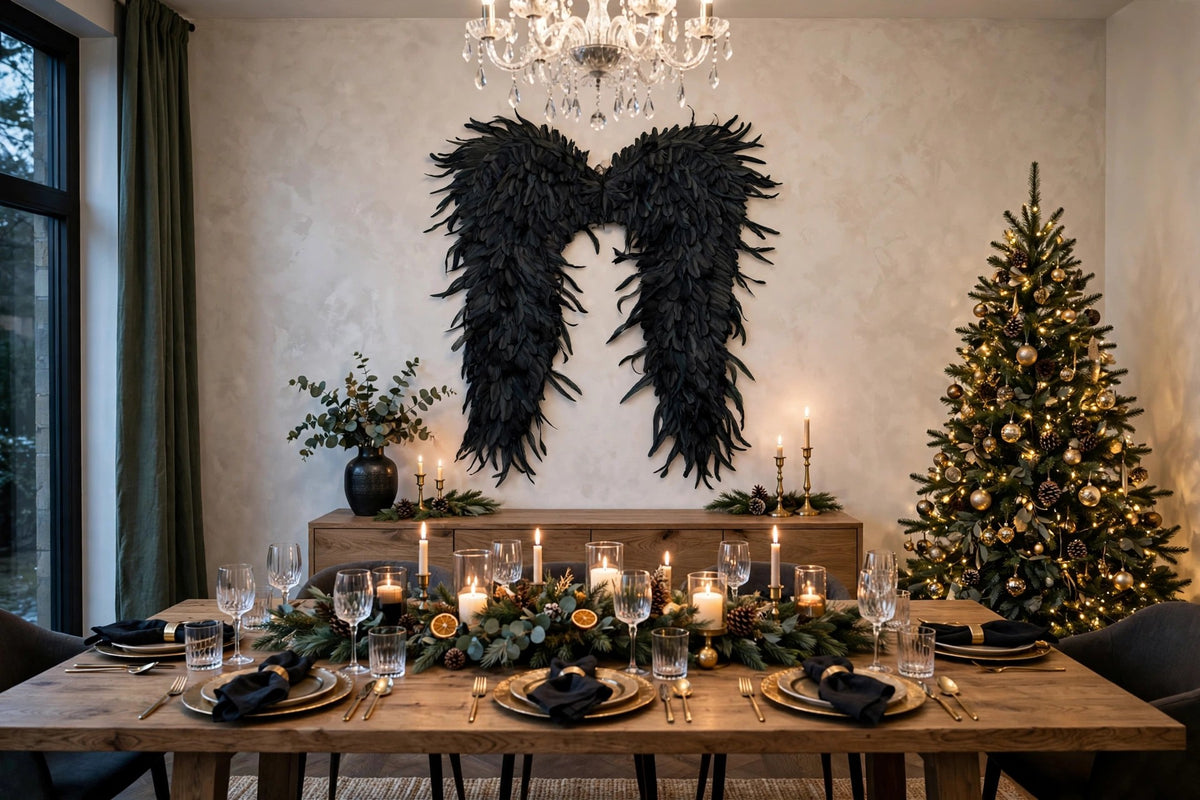 Huge Black Angel Wings hung on a wall in a holiday-decorated room
