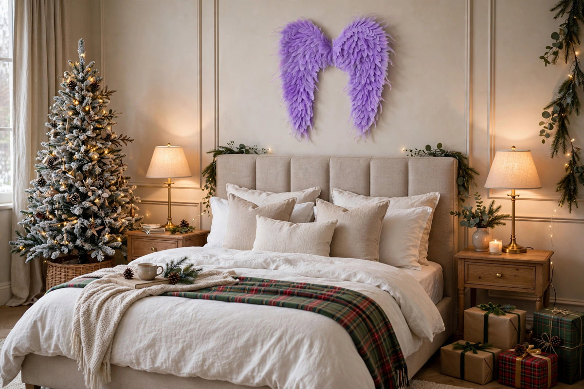Huge Lavender Angel Wings hung on a wall in a holiday-decorated room