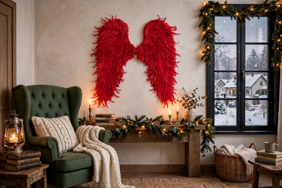 Huge Red Angel Wings hung on a wall in a holiday-decorated room