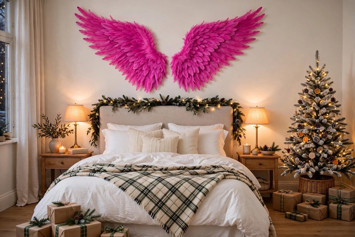 Huge Shocking Pink Angel Wings hung on a wall in a holiday-decorated room