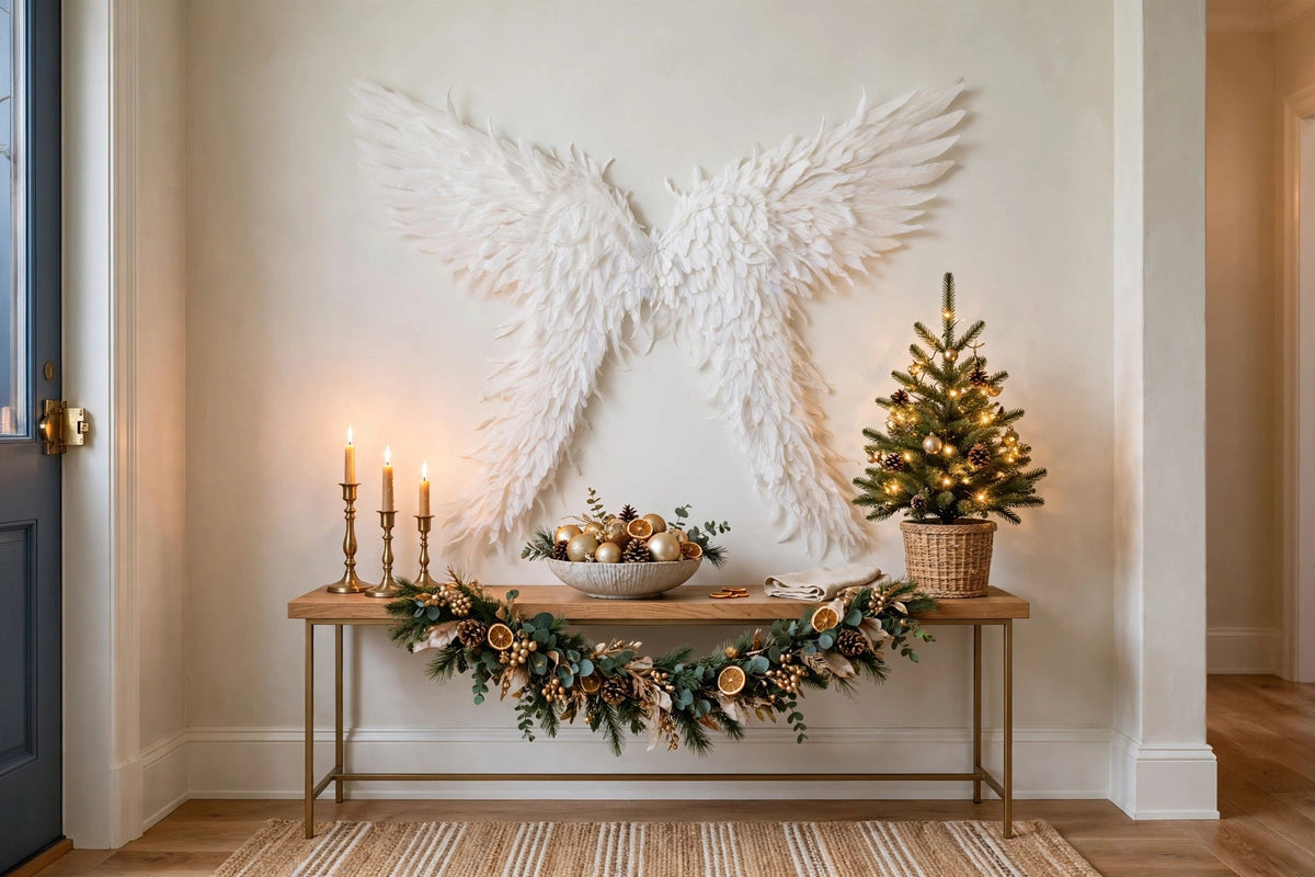 Huge White Angel Wings hung on a wall in a holiday-decorated room