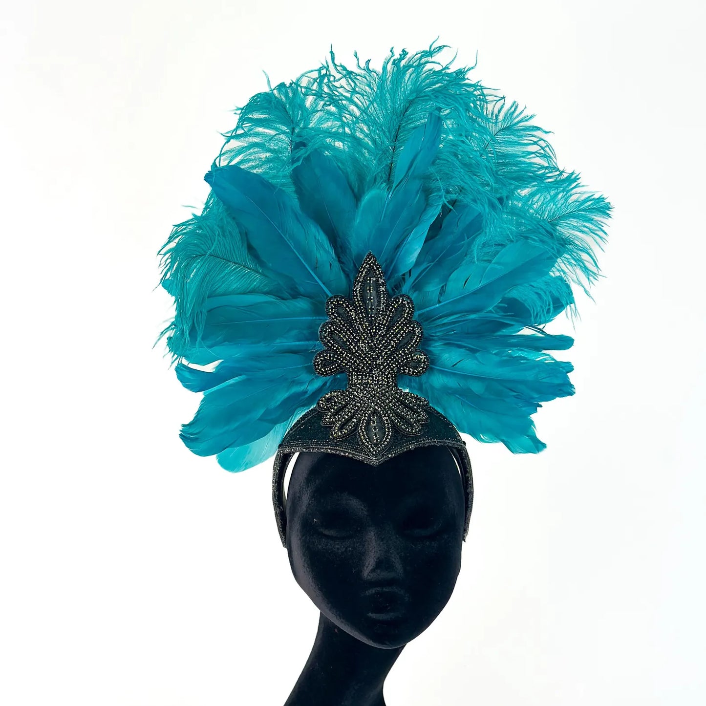 Ginger Dark Aqua Showgirl Feather Headpiece