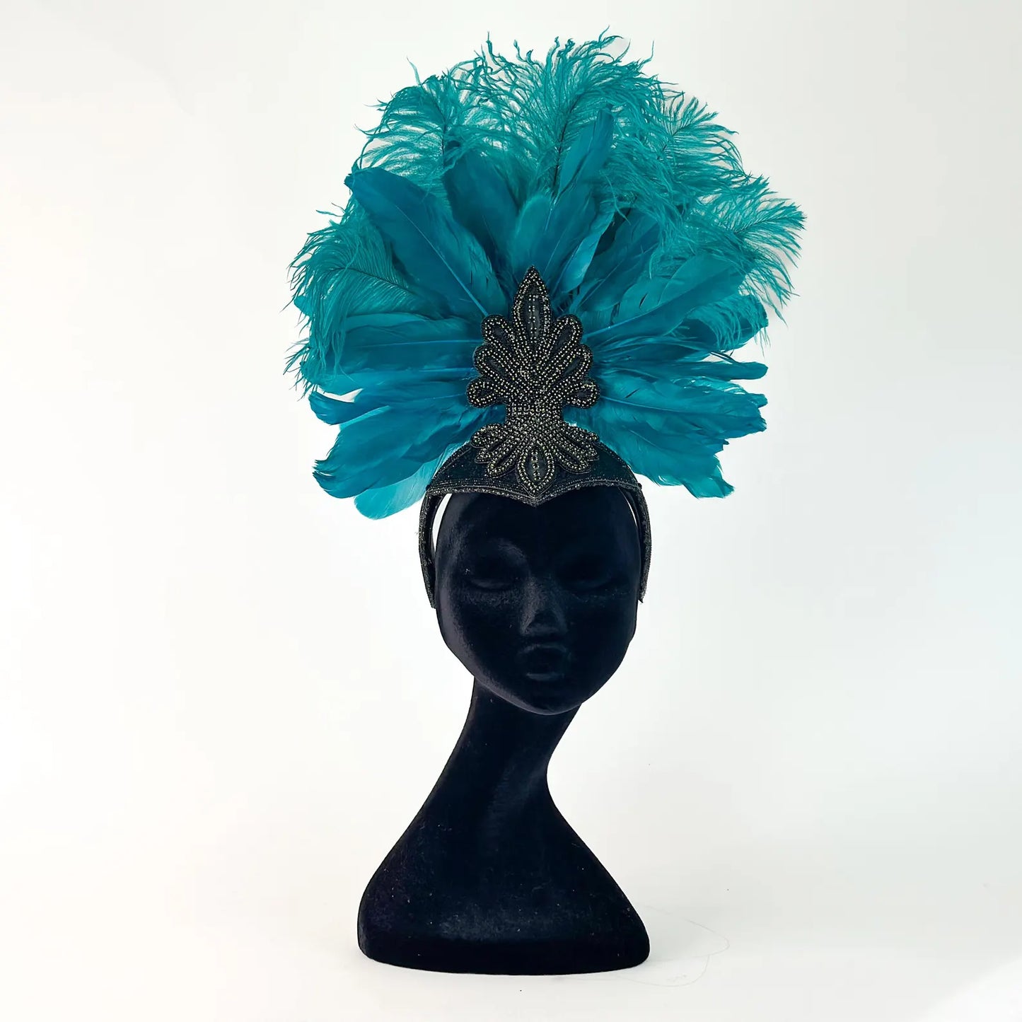Ginger Dark Aqua Showgirl Feather Headpiece