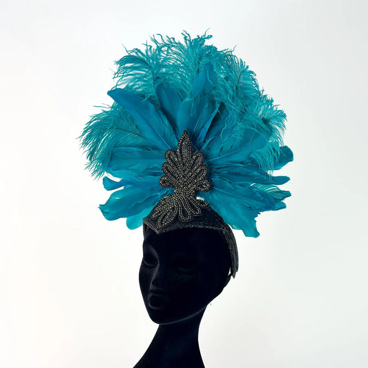 Ginger Dark Aqua Showgirl Feather Headpiece