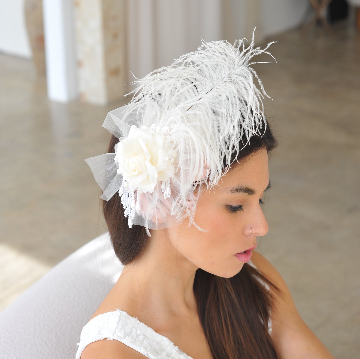 Victorian Style Ostrich  Feather Clip Fascinator - Ivory