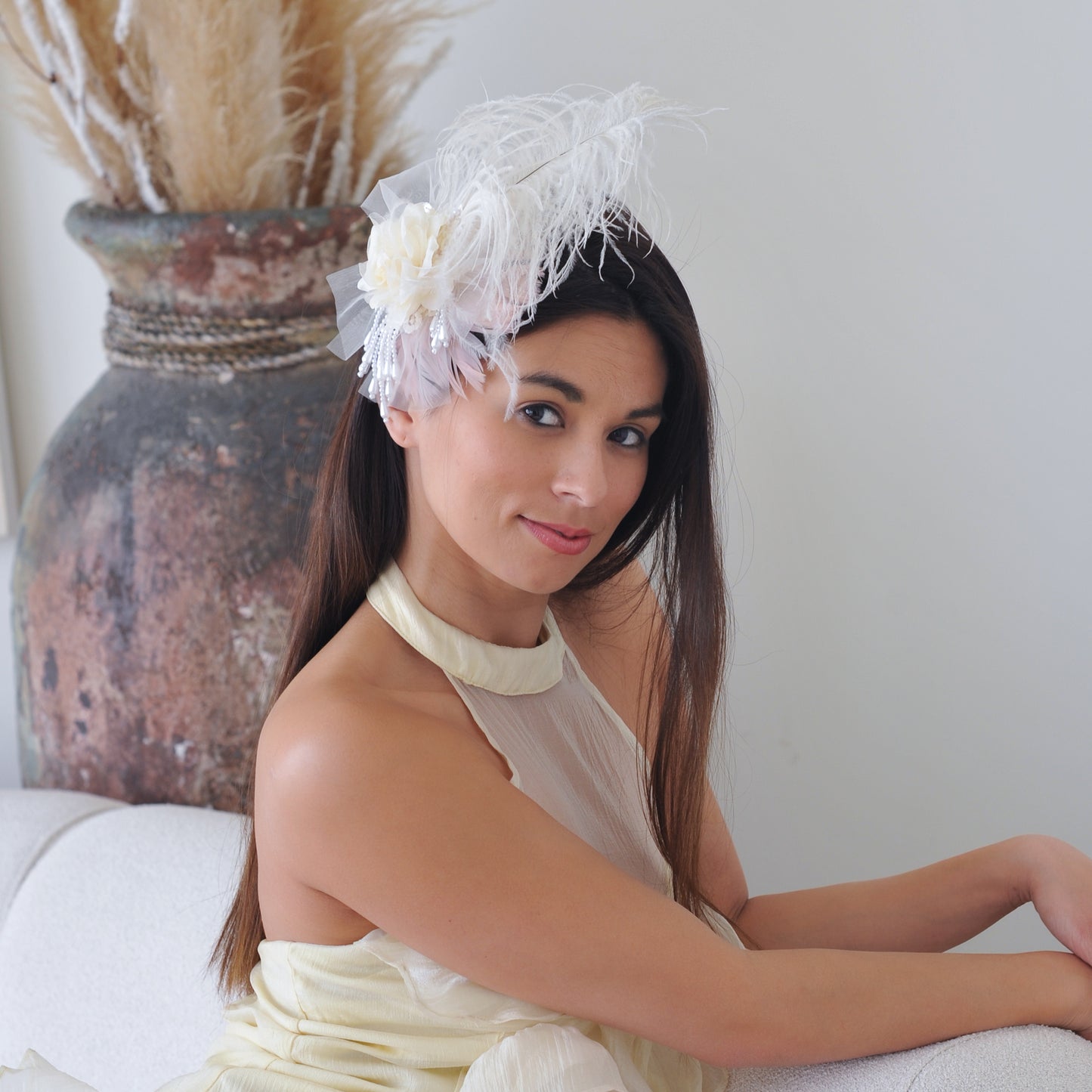 Victorian Style Ostrich  Feather Clip Fascinator - Ivory