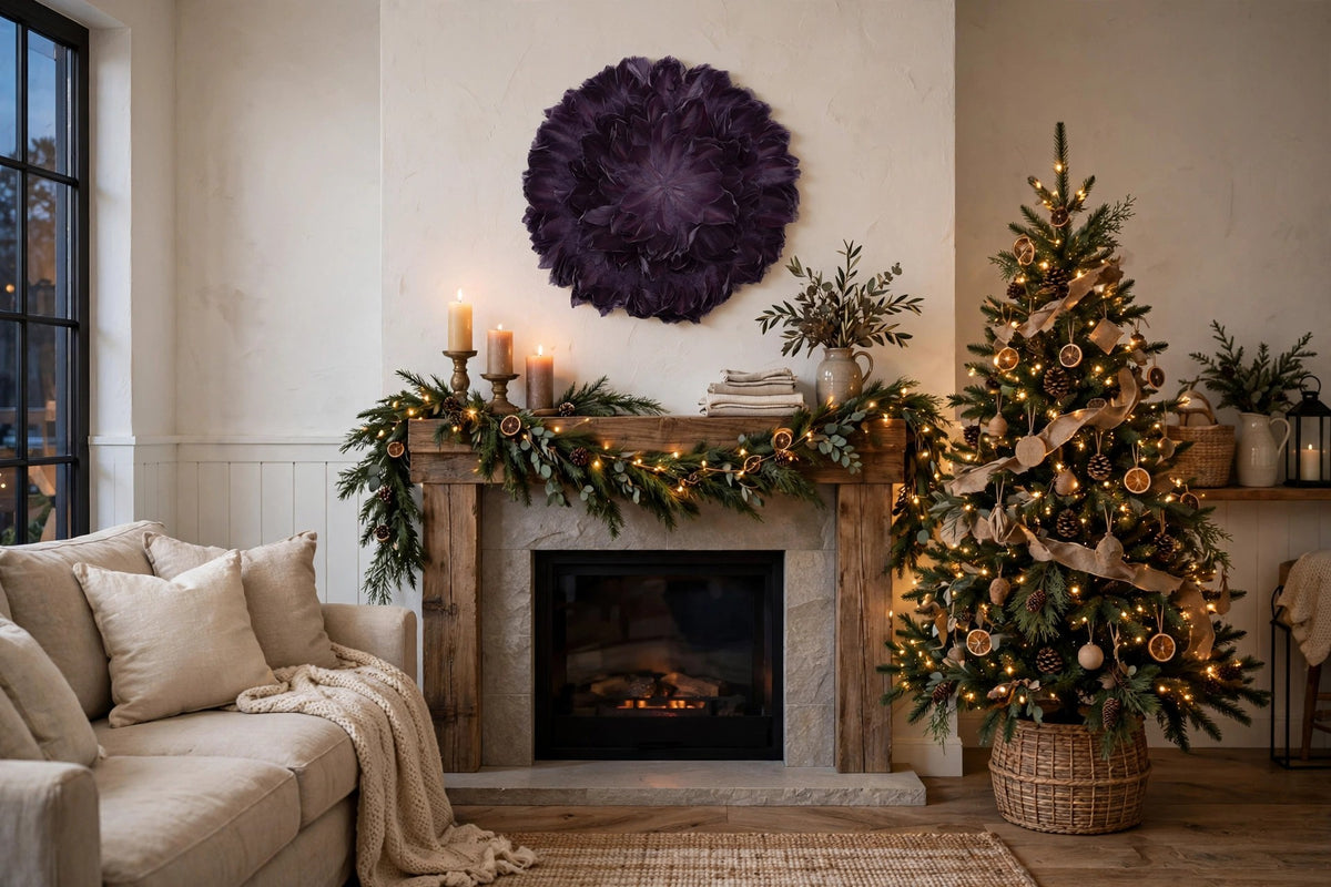 Juju Hat Nagoire Feather Wall Art 11.5 inch Wood Base 18-20 inch DIA --Purple hung on a wall in a holiday-decorated room