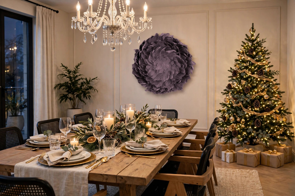 Juju Hat Nagoire Feather Wall Art 16 inch Wood Base   24-26 inch DIA --Amethyst hung on a wall in a holiday-decorated room