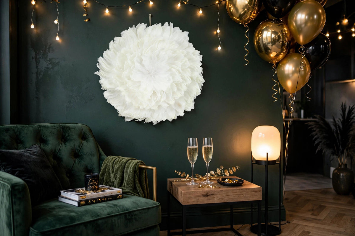Juju Hat Nagoire Feather Wall Art 16 inch Wood Base   24-26 inch DIA --White hung on a wall in a holiday-decorated room