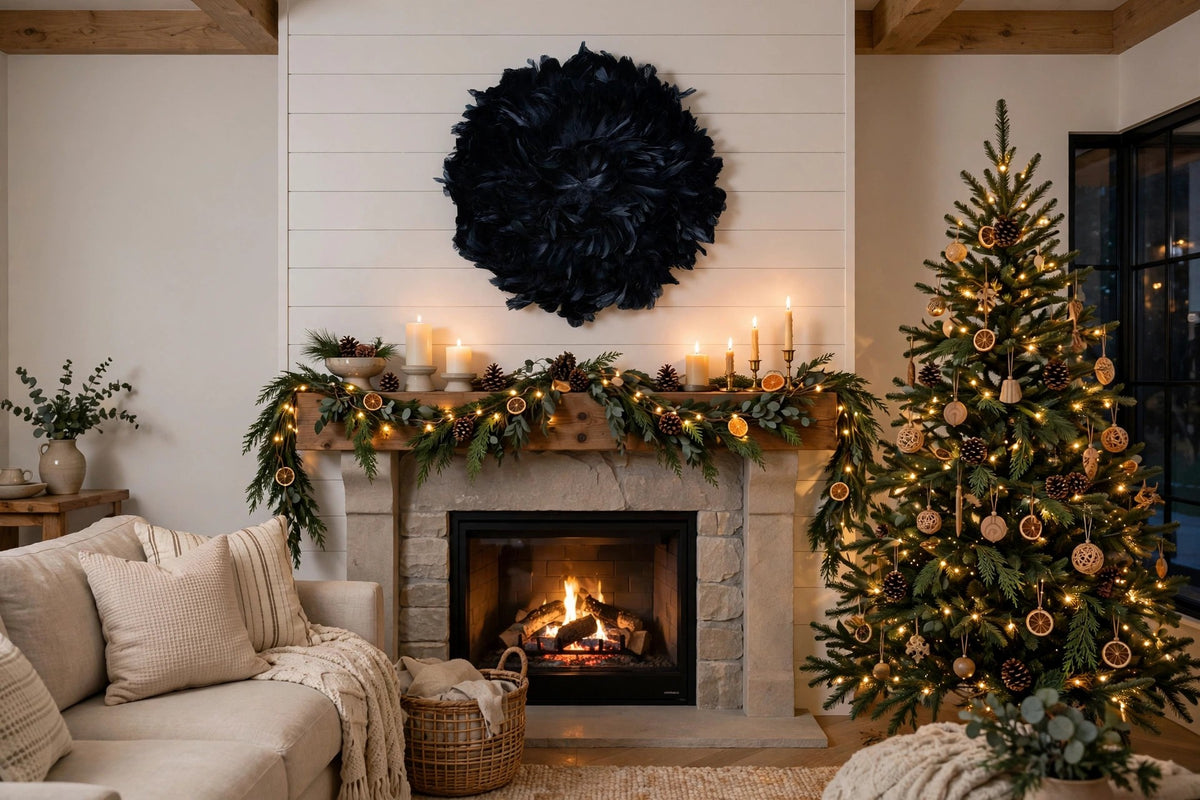 Juju Hat Nagoire Feather Wall Art 16 inch Wood Base   24-26 inch DIA --Black hung on a wall in a holiday-decorated room