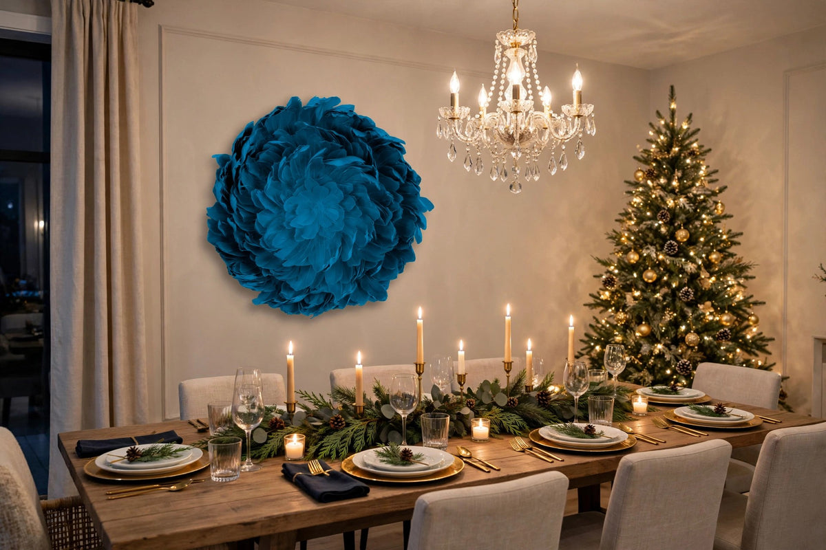 Juju Hat Nagoire Feather Wall Art 16 inch Wood Base   24-26 inch DIA --Dark Turquoise hung on a wall in a holiday-decorated room