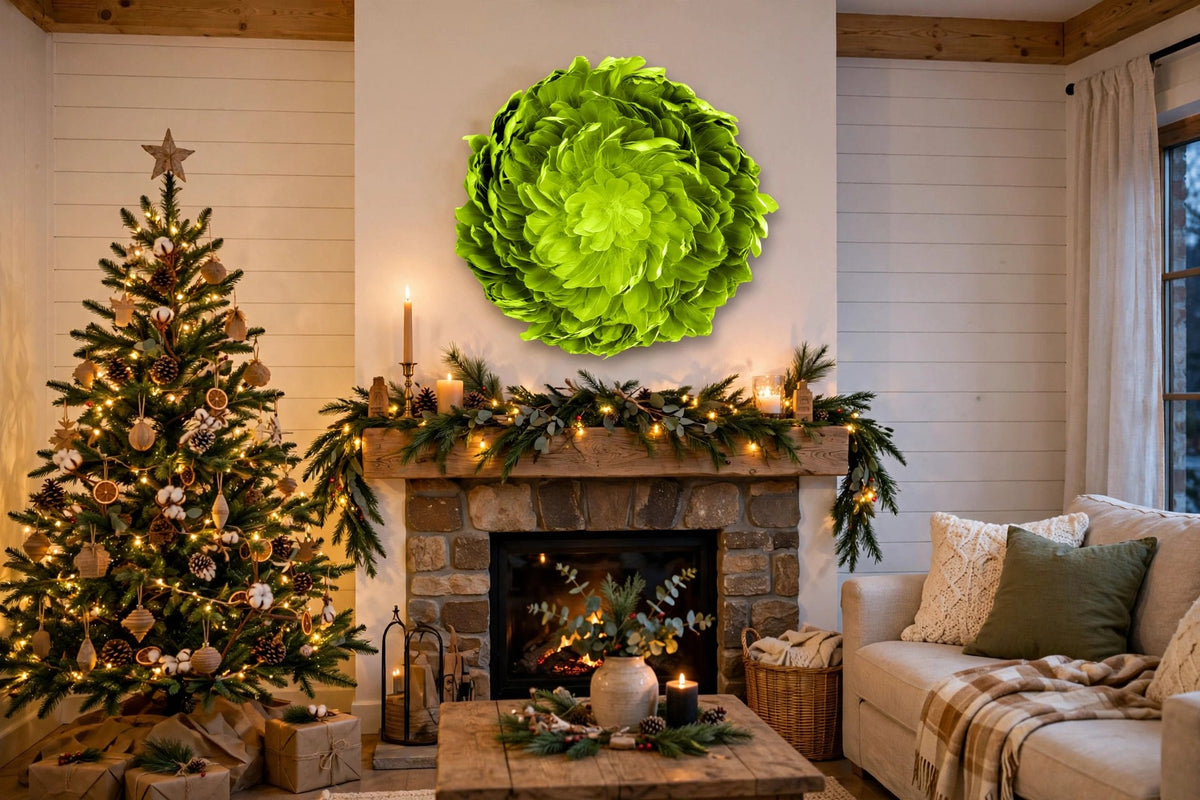 Juju Hat Nagoire Feather Wall Art 16 inch Wood Base   24-26 inch DIA --Lime hung on a wall in a holiday-decorated room