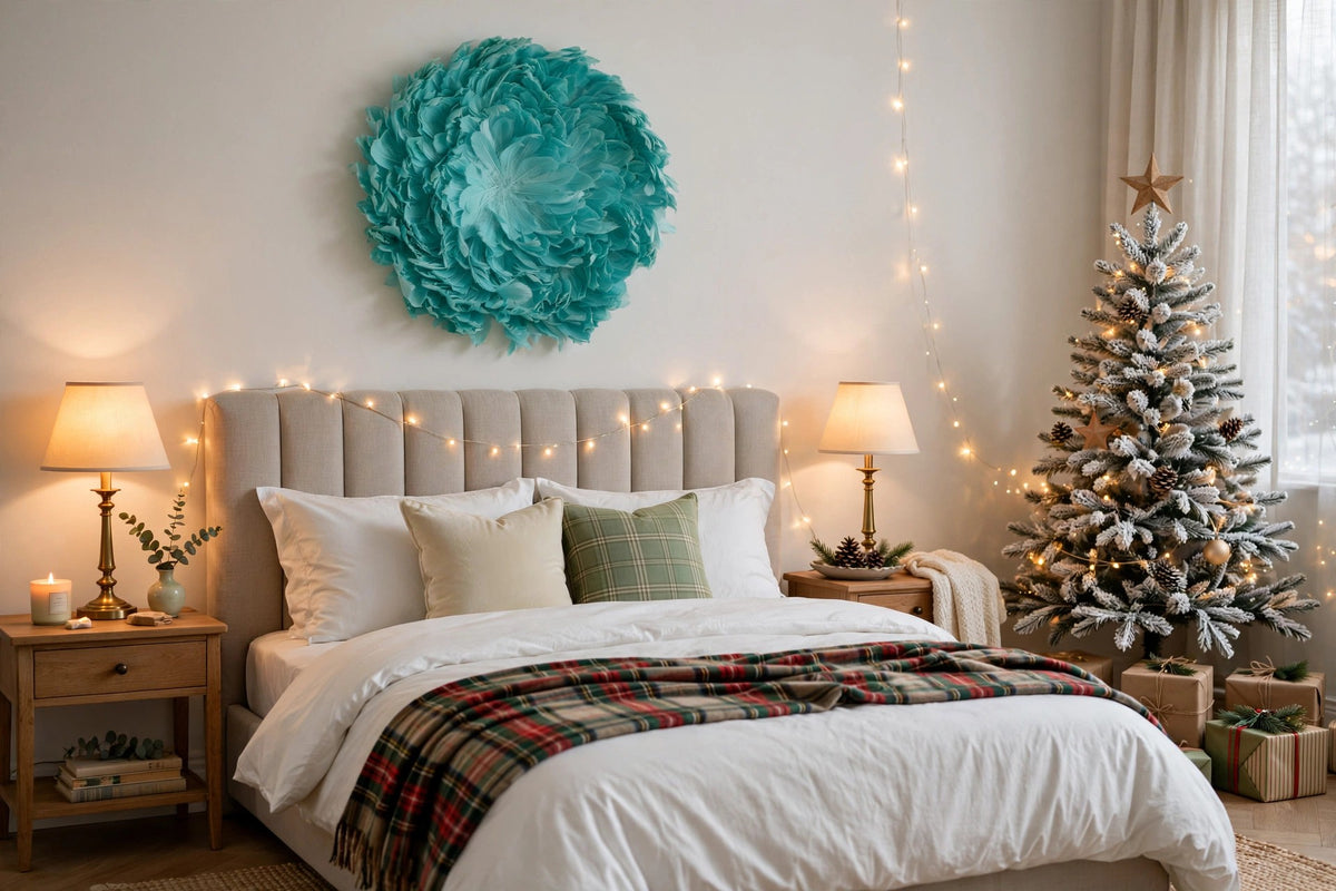 Juju Hat Nagoire Feather Wall Art 16 inch Wood Base   24-26 inch DIA --Mint hung on a wall in a holiday-decorated room