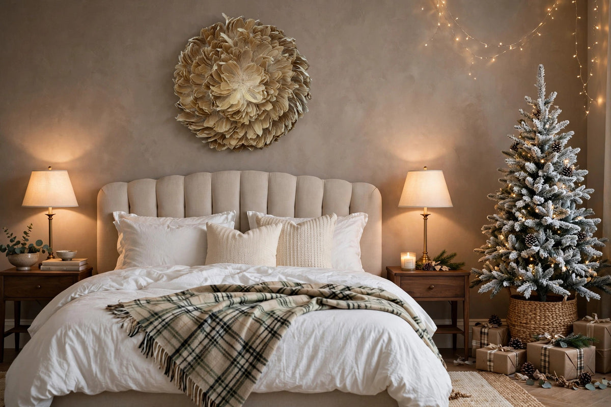 Juju Hat Nagoire Feather Wall Art 16 inch Wood Base   24-26 inch DIA --Beige hung on a wall in a holiday-decorated room