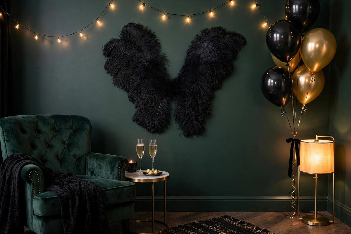 Large Adult Angel Fairy Butterfly Ostrich Feather Wings - Black hung on a wall in a holiday-decorated room