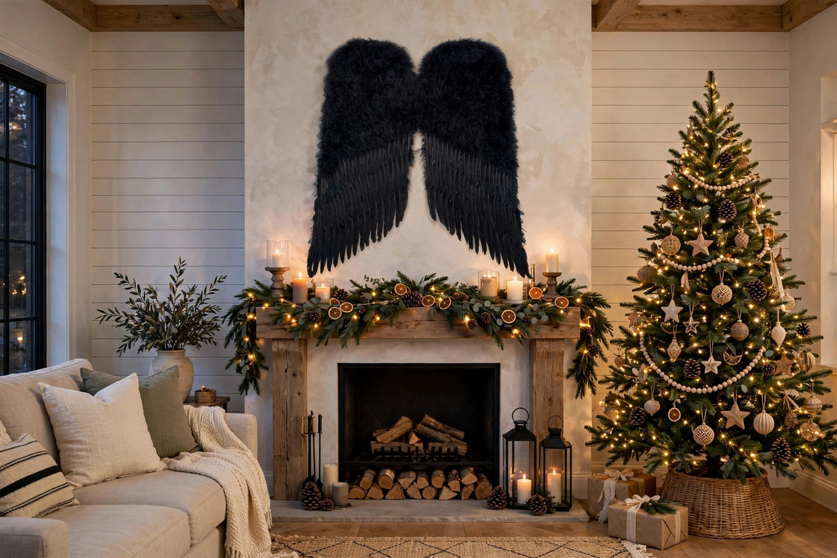 Large Angel Costume Wings-Black hung on a wall in a holiday-decorated room