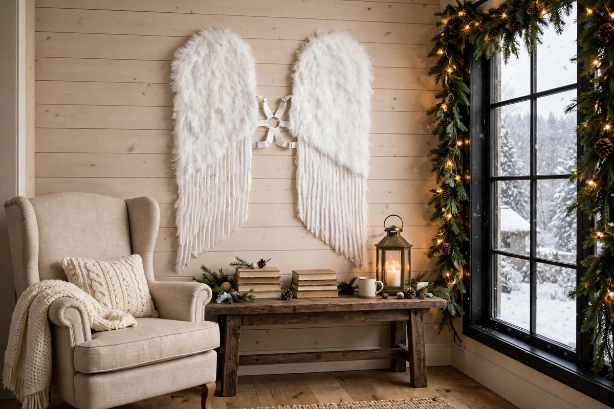 Large Angel Costume Wings-White hung on a wall in a holiday-decorated room