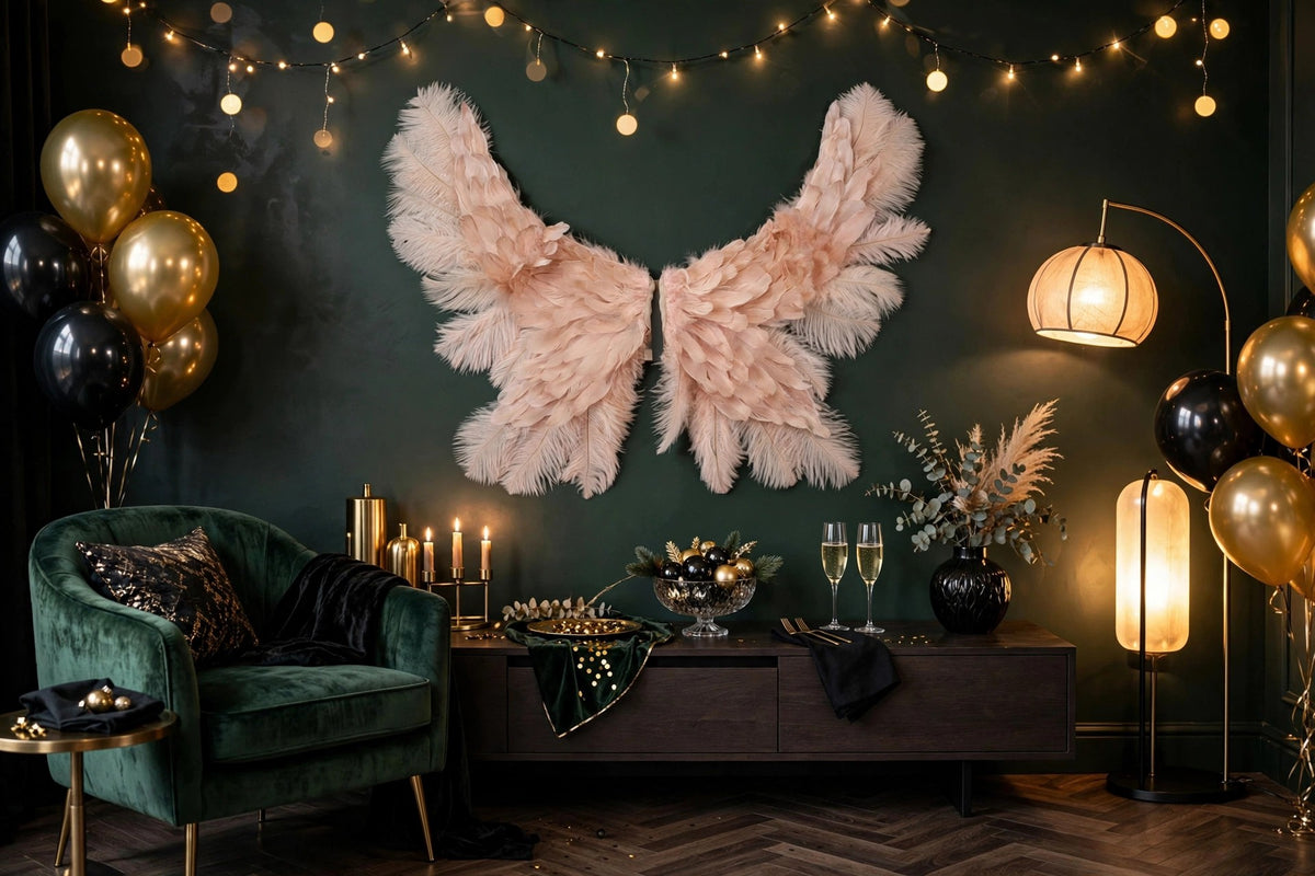 Large Angel Wings 64"X 25" - Champagne hung on a wall in a holiday-decorated room