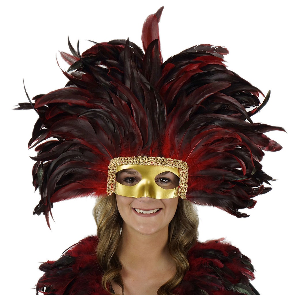 Large Feather Headdress Mask-Dyed - Red - Feathers