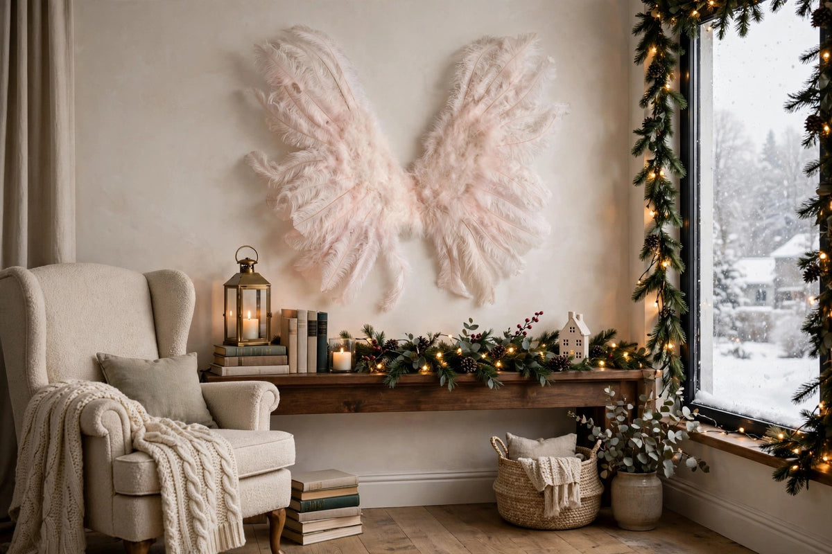 Large Ostrich Feather Wings - Champagne hung on a wall in a holiday-decorated room